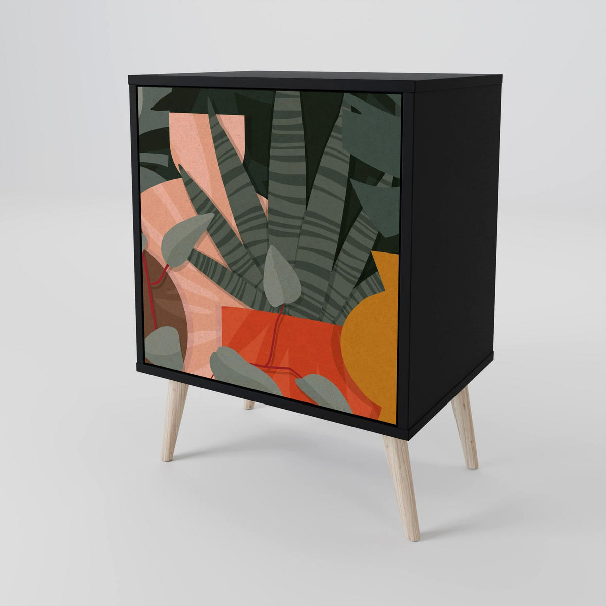 SIDEBOARD TROPICAL COMPOSITION, Schwarz, 57,5x42x75,5 cm, Goldfarbene Metallfüße - Goldfarben/Multicolor, Holzwerkstoff/Metall (57.5/75.5/42cm) - SpaceRebels