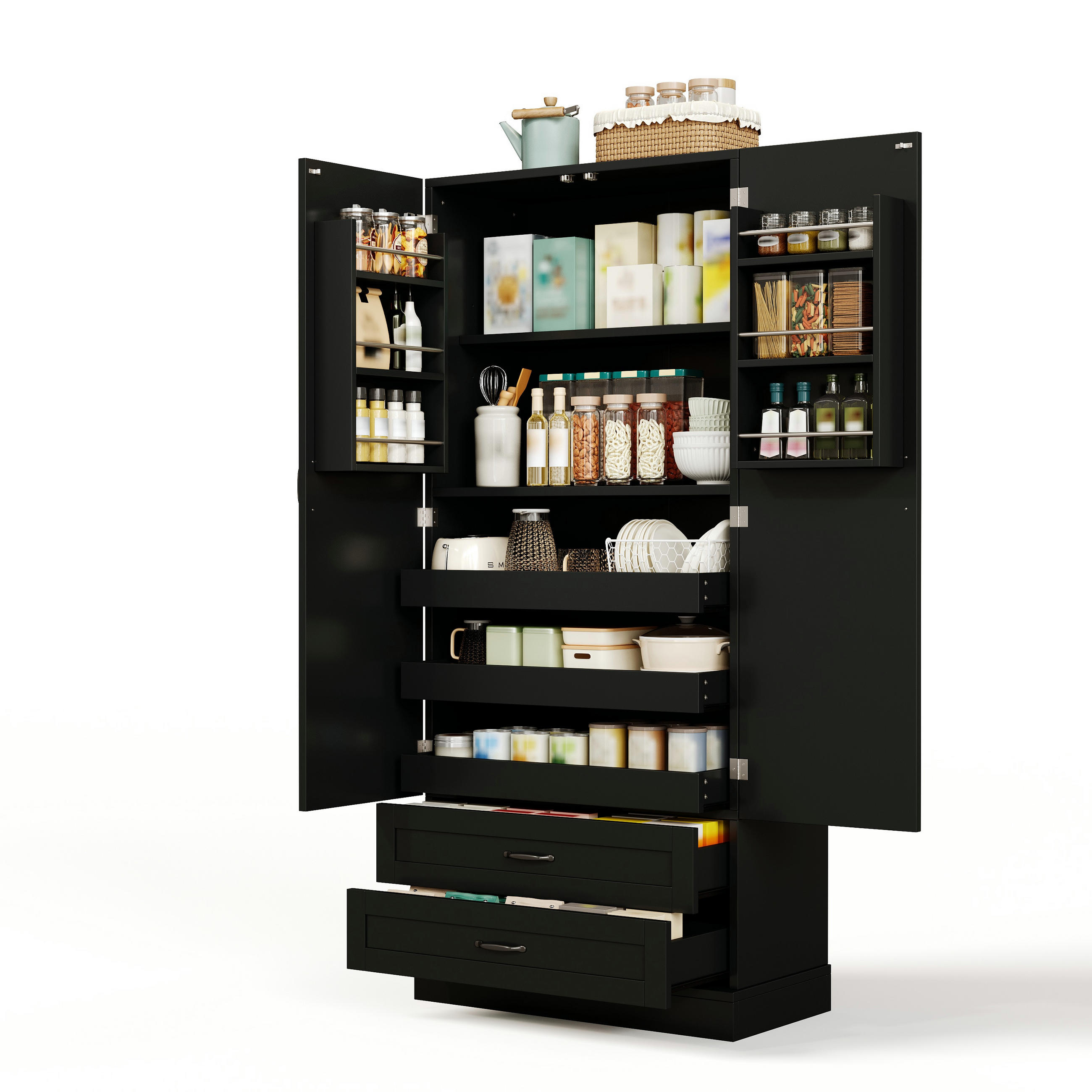 GESCHIRRSCHRANK 180 cm MDF Schwarz mit Ausziehböden und Türregalen - Schwarz, Holzwerkstoff (37.5/180/80cm) - Korfee