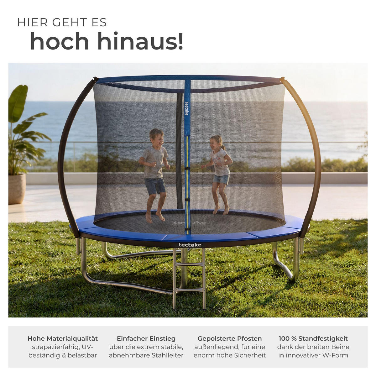 TRAMPOLIN Jumpy, inklusive Einstiegsleiter, schwarz/blau - Blau/Schwarz, Metall (260/250/260cm) - tectake