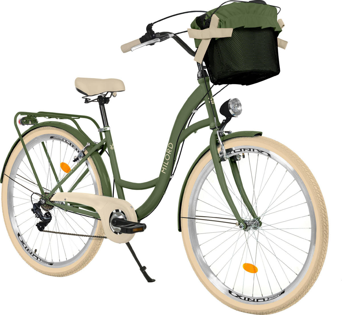 CITY-FAHRRAD Milord mit Metallkorb, 28 Zoll, Khaki, 1-Gang - Grün, Metall (46cm) - Milordbikes