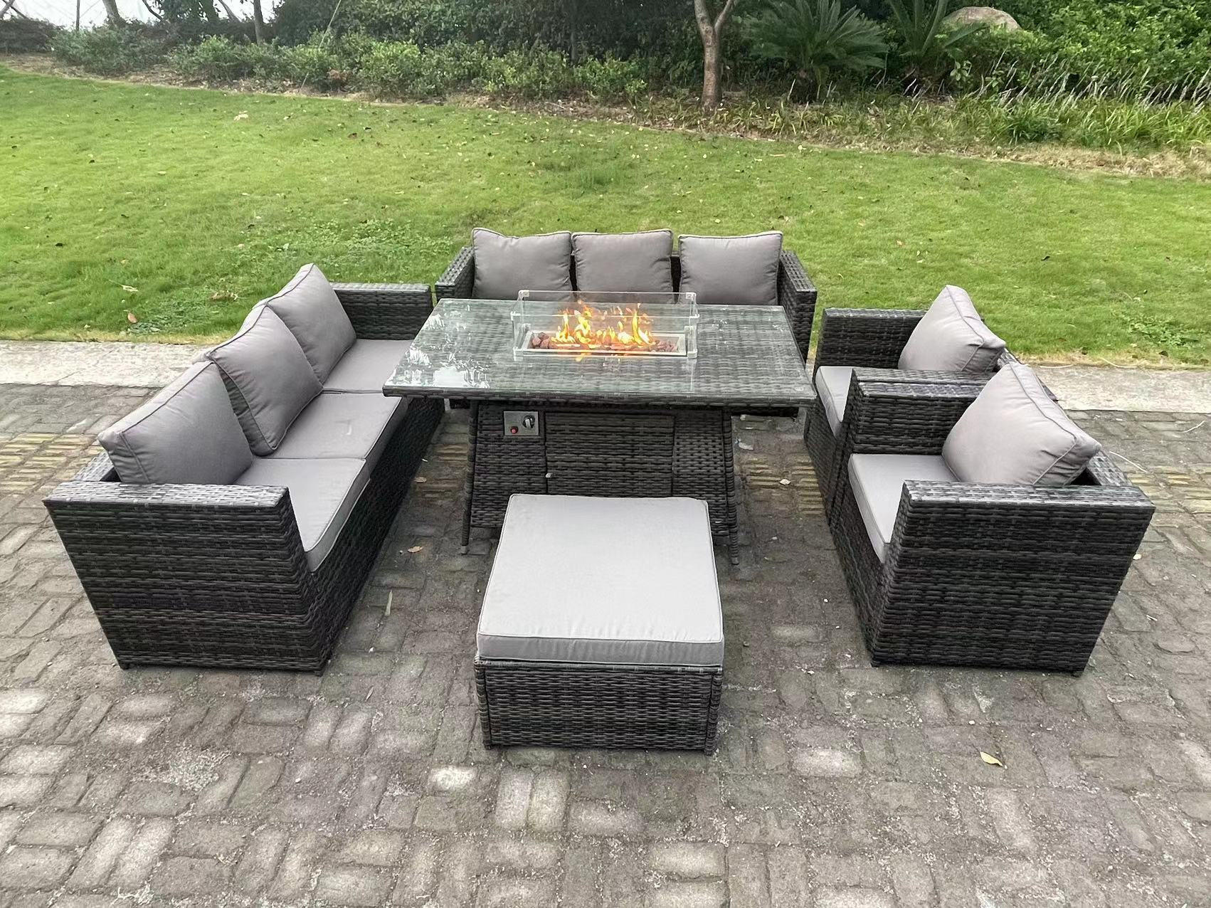 LOUNGESOFA SET mit Stuhl Polyrattan 9-Sitzer - Dunkelgrau/Grau, Glas/Kunststoff - Fimous