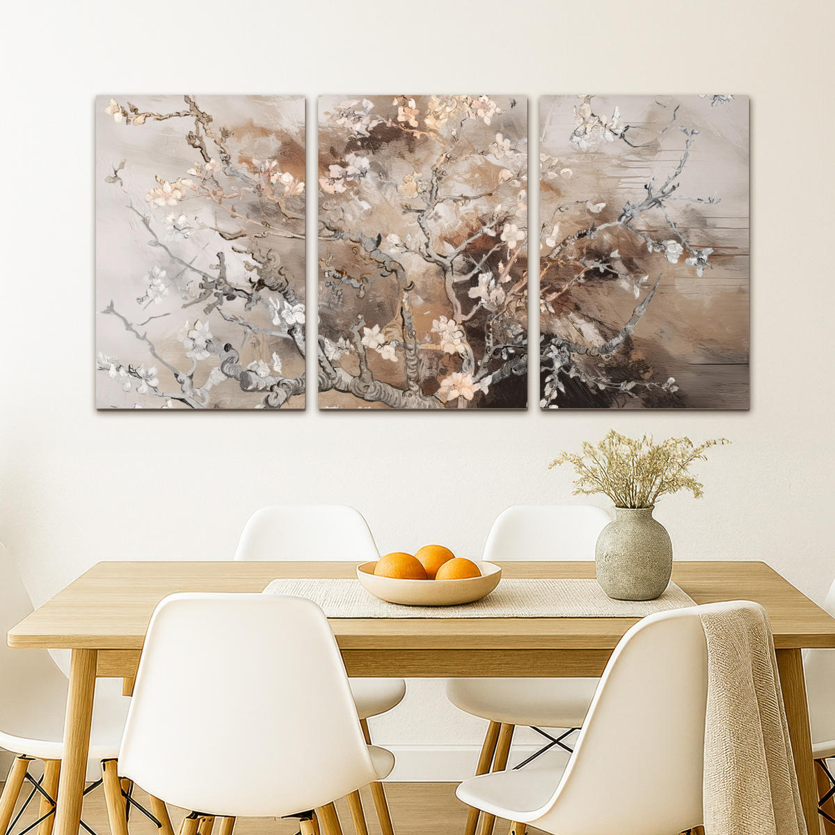 LEINWANDBILD 3er Set Mandelblüte - Abstrakt - Beige 120x60 cm - Beige, Textil (120/60cm) - MuchoWow
