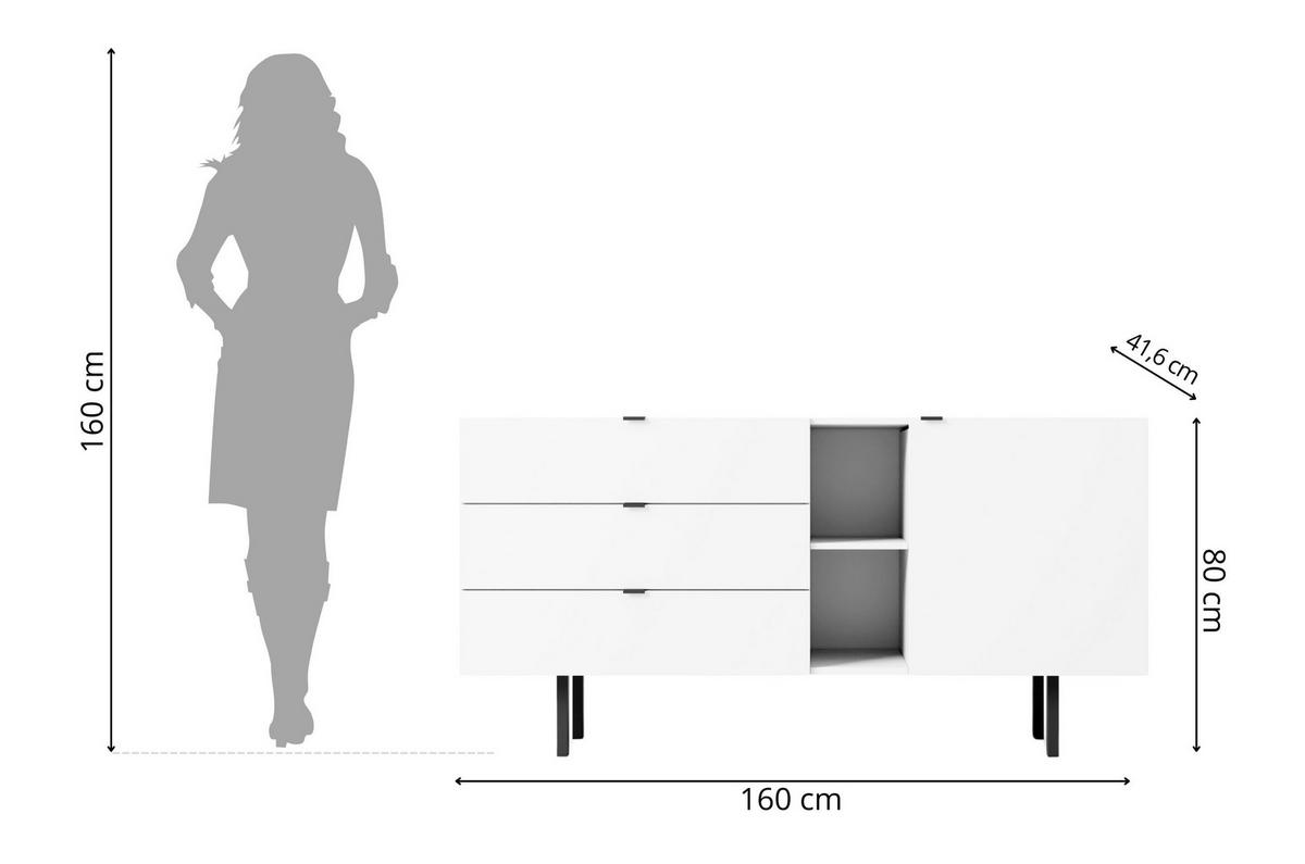 SIDEBOARD Myway, Weiß, 3 Schubladen, Minimalistisch, 160 cm - Schwarz/Weiß, Holzwerkstoff/Metall (160/80/41.6cm) - Skandica