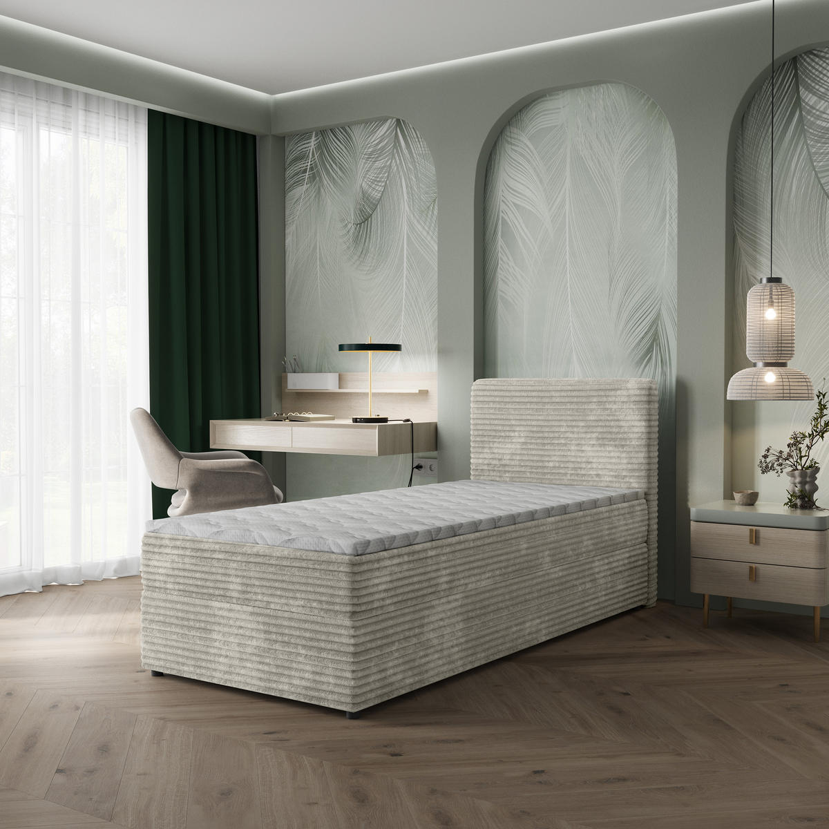 BOXBETT PISA 90 90x200 cm mit Matratze und Topper, H2+H3 - Hellgrau - Hellgrau, Holz (90/200cm) - MASSENO