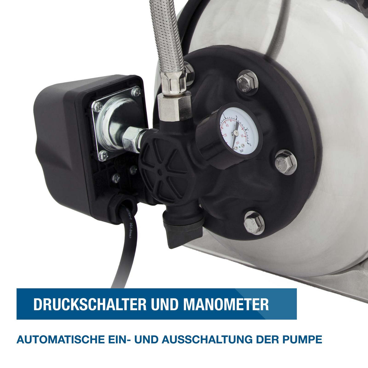 HAUSWASSERWERK HWW12050-IN (1200W, INOX-Kessel, 5.000 l/h, Förderhöhe max. 50m, Ansaughöhe max. 8m) - Silberfarben, Metall (27.5/51.4/48.1cm) - HYUNDAI