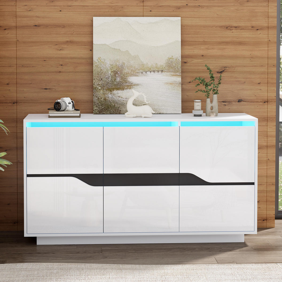 SIDEBOARD LED Weiß Schwarz 3 Türen 140x40x70cm Hochglanz Stauraum - Weiß, Holzwerkstoff (40/70/140cm) - FLIEKS