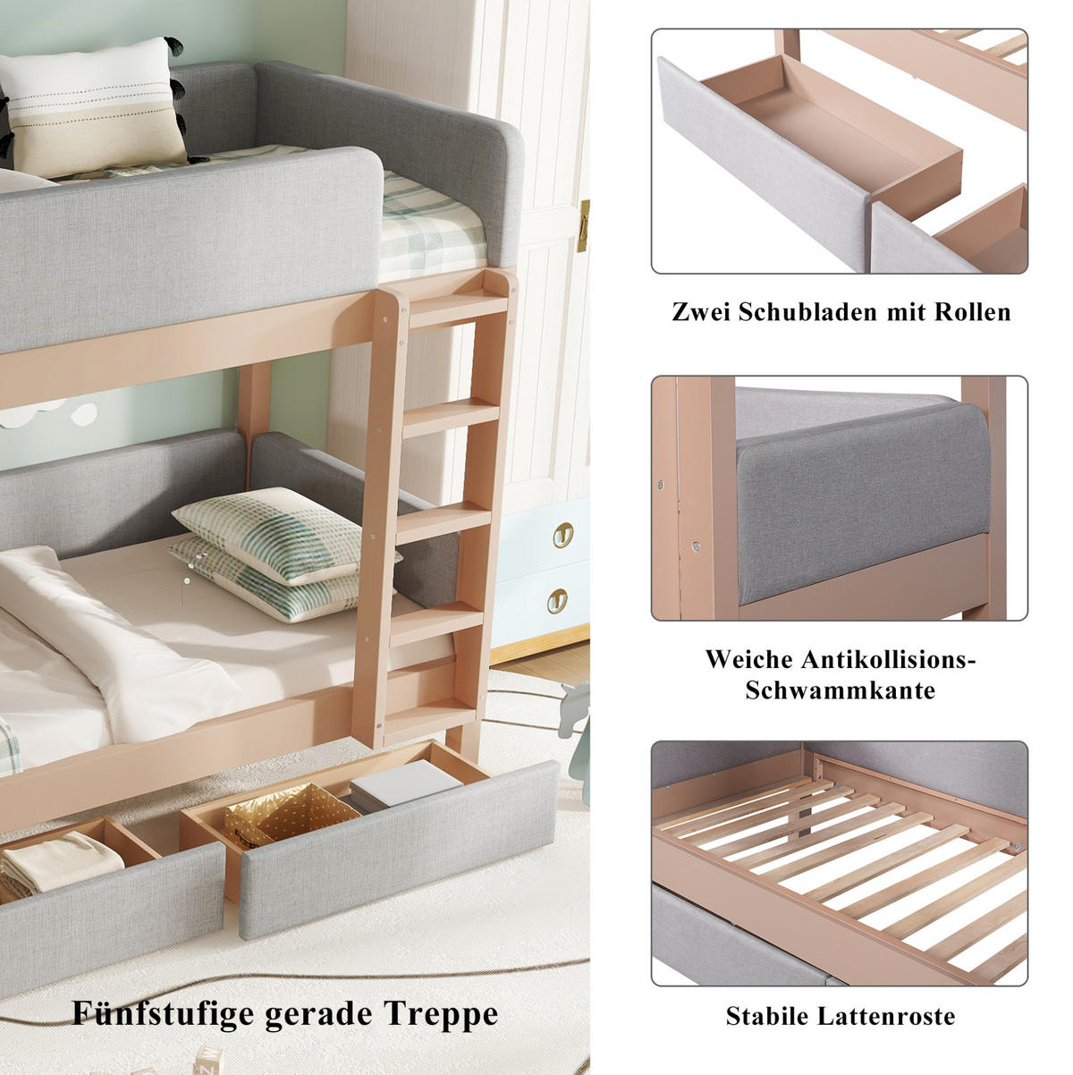 ETAGENBETT 90/200 cm in Grau/Natur mit 2 Schubladen und gerader Treppe - Grau, Holz - BEAOK