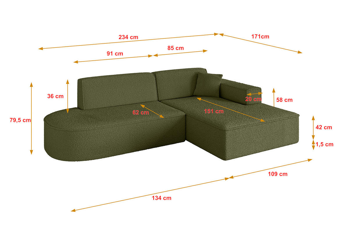 ECKSOFA Ottomane Rechts IREA-L1-v4 - 234x171x79 cm Grün - Platinfarben/Olivgrün, Holzwerkstoff/Textil (171/234cm) - ALTDECOR