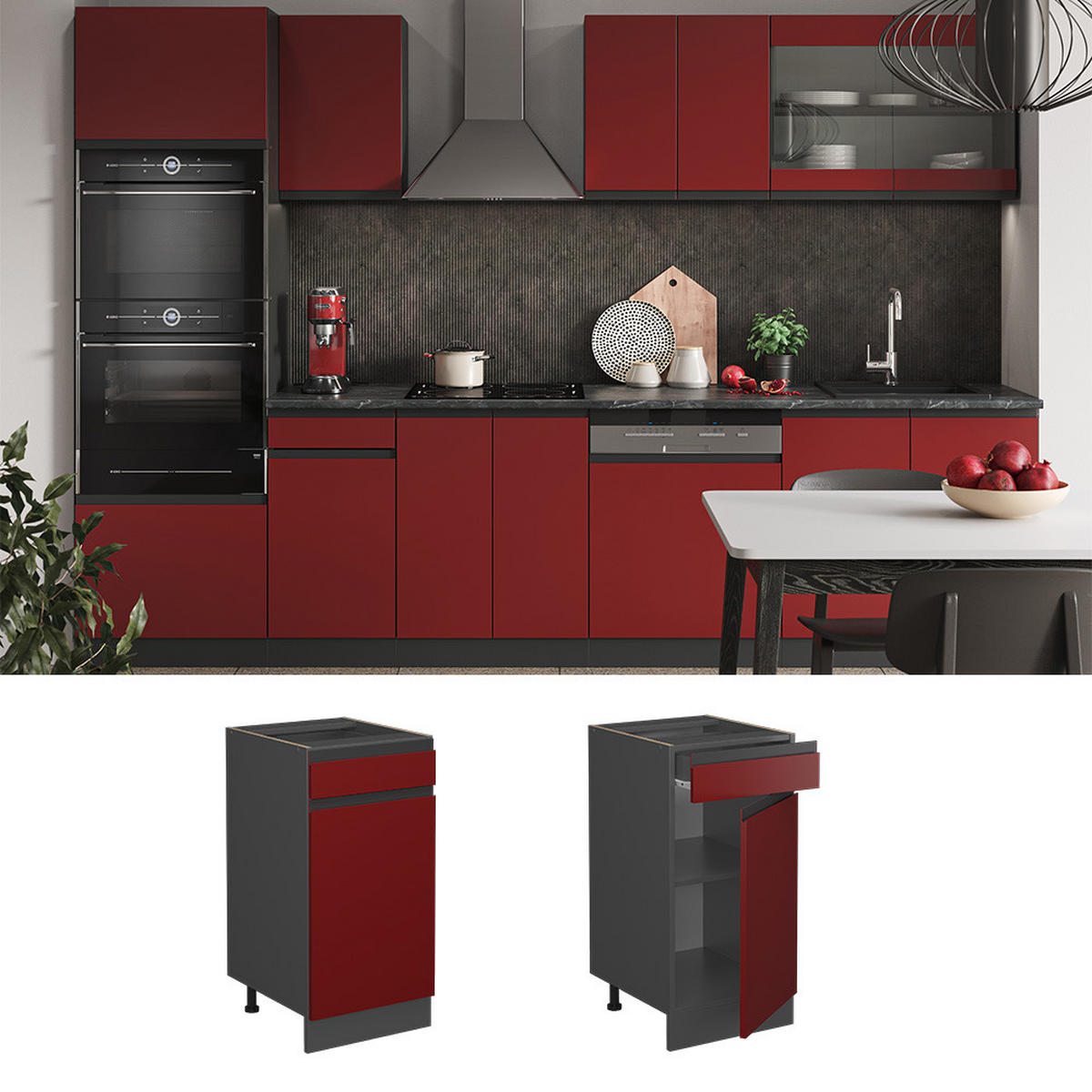 KÜCHENUNTERSCHRANK R-Line Bordeaux Hochglanz 40 cm AP Marmor - Bordeaux/Anthrazit, Holzwerkstoff (40/81.6/60cm) - Vicco