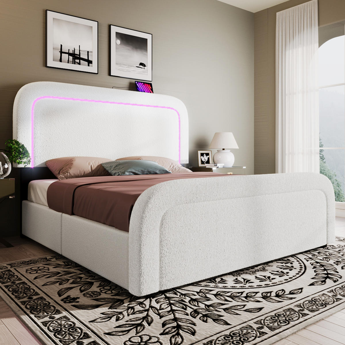 POLSTERBETT 160/200 cm Weiß aus Sherpa mit USB/Type-C und LED mit Matratze - Weiß, Textil (160/200cm) - OKWISH