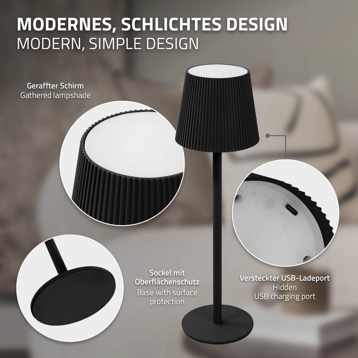 LED TISCHLAMPE kabellos mit Touch Schwarz Ø10x36 cm Warmweiß Dimmbar - Schwarz, Kunststoff (10/10/36cm) - ML-DESIGN