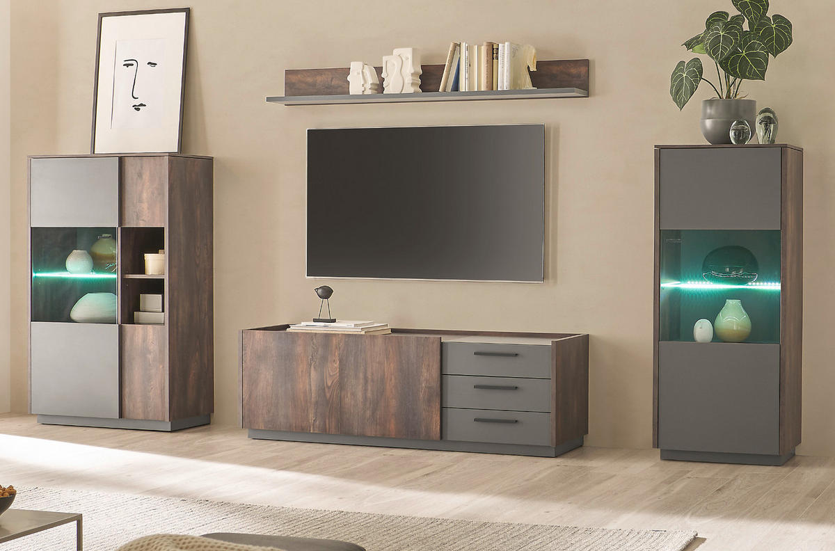 WOHNWAND Thermo Eiche, grau, Wohnkombination 4-teilig mit Soft-Close 327 x 200 cm - Eichefarben/Grau, Holzwerkstoff/Metall (327/200/45cm) - Furn.Design