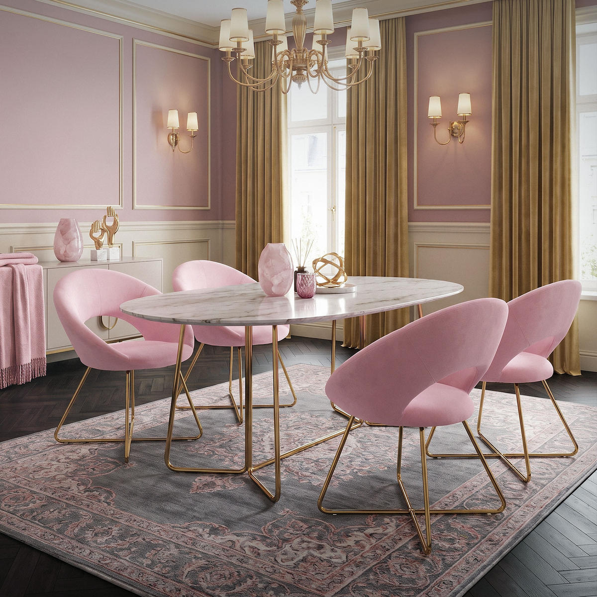 STUHL Samt rose - Pink/Goldfarben, Metall (53/77/64cm) - ML-DESIGN