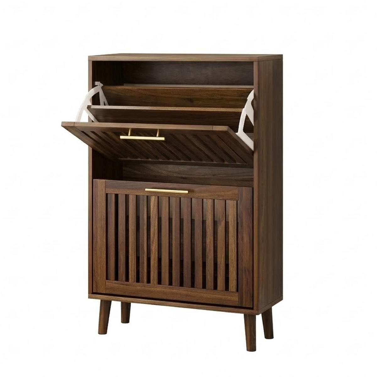 SCHUHSCHRANK 60 cm Walnussoptik mit 2 Klappfächern, offenem Regal und Metallgriff für Flur - Walnussfarben, Holzwerkstoff (60/93/24cm) - Urban Meuble