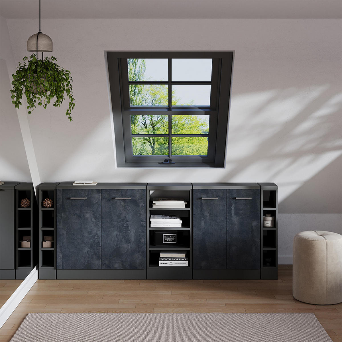 DACHSCHRÄGENSCHRANK-SET Rion Schwarz Beton 210 cm 5er Set Schrankkorpuss 60 cm Tiefe - Anthrazit/Schwarz, Holzwerkstoff (210/83.8/60cm) - Vicco