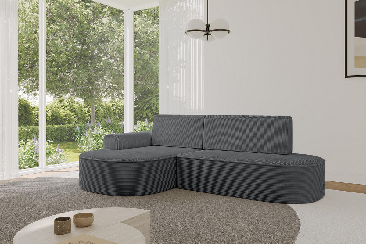 ECKSOFA mit Schlaffunktion und Bettkasten Ottomane Links MARI-L1-S - 283x167x85 cm Dunkelgrau Cord - Alufarben/Schwarz, Holzwerkstoff/Kunststoff (283/167cm) - ALTDECOR