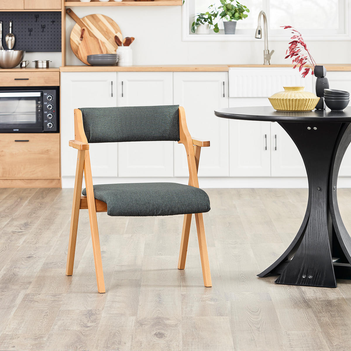 KLAPPSTUHL aus massivem Buchenholz mit Polsterung, Dunkelgrau - Dunkelgrau, Holz (61.5/77.6/56cm) - SoBuy