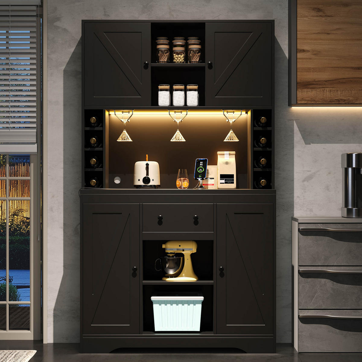 BUFFET 105/39/180 cm Schwarz mit 1 Schublade, Weinflaschenfächern und farbwechselnder LED-Beleuchtung - Schwarz, Holz (105/180/40cm) - Oxeza