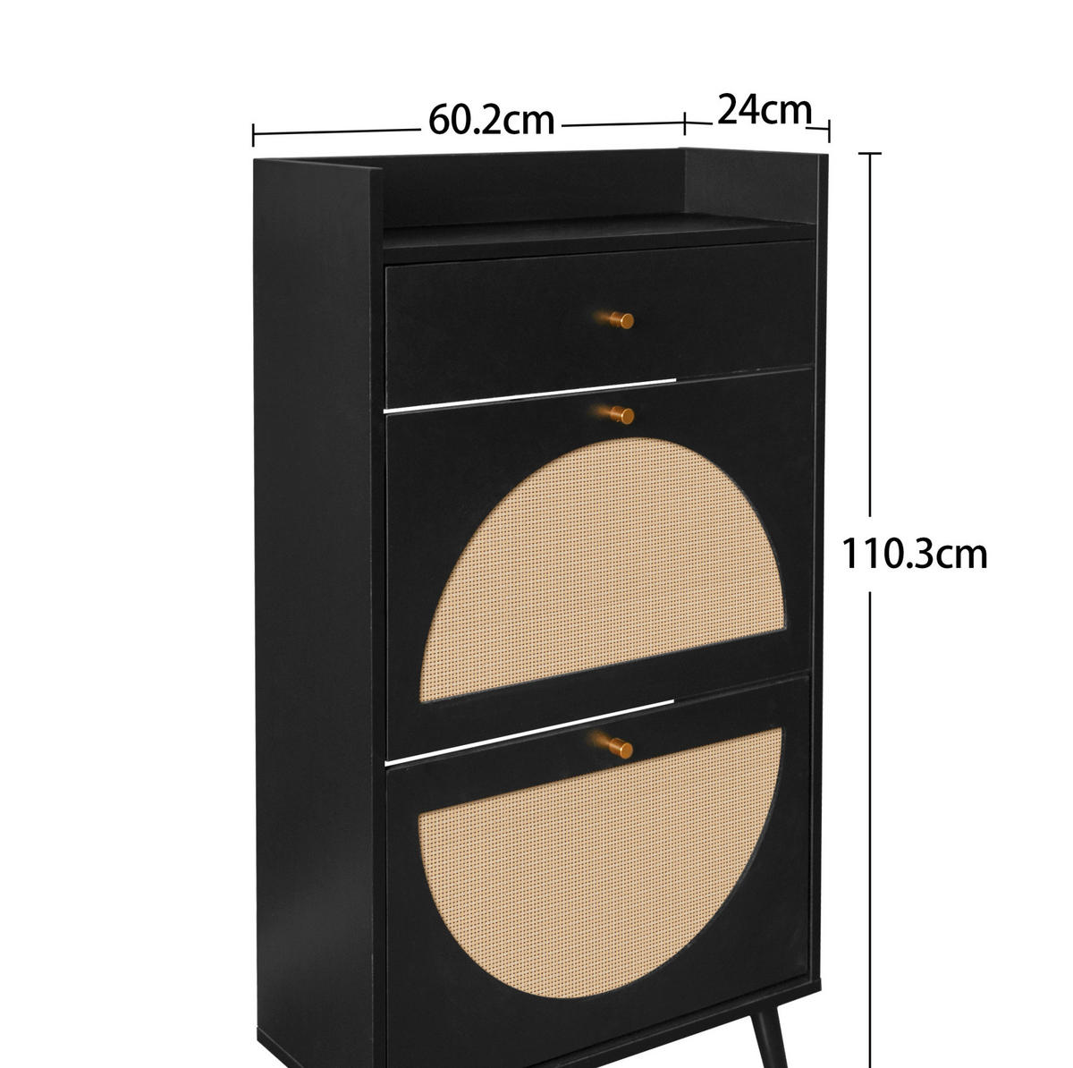 SCHUHSCHRANK 60 cm mit flexiblem Doppelregal, Rattan-Optik und Wandverankerung, Schwarz - Schwarz, Holzwerkstoff (60/110/24cm) - Redom