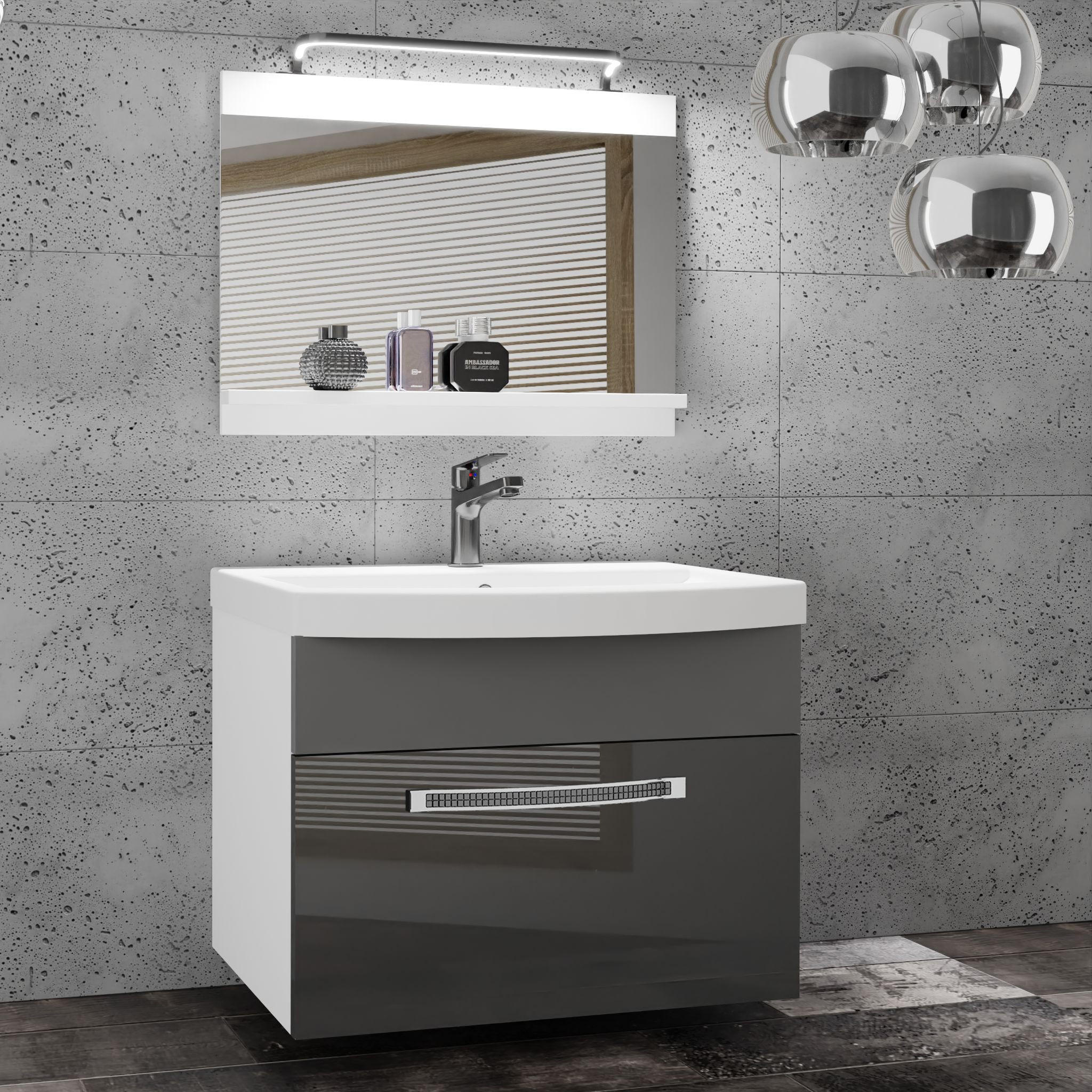 BADMÖBEL Badezimmer Grau / Grau, Glänzend und Matt - Silberfarben/Grau, Holz (60/51/40cm) - B BELINI GROUP
