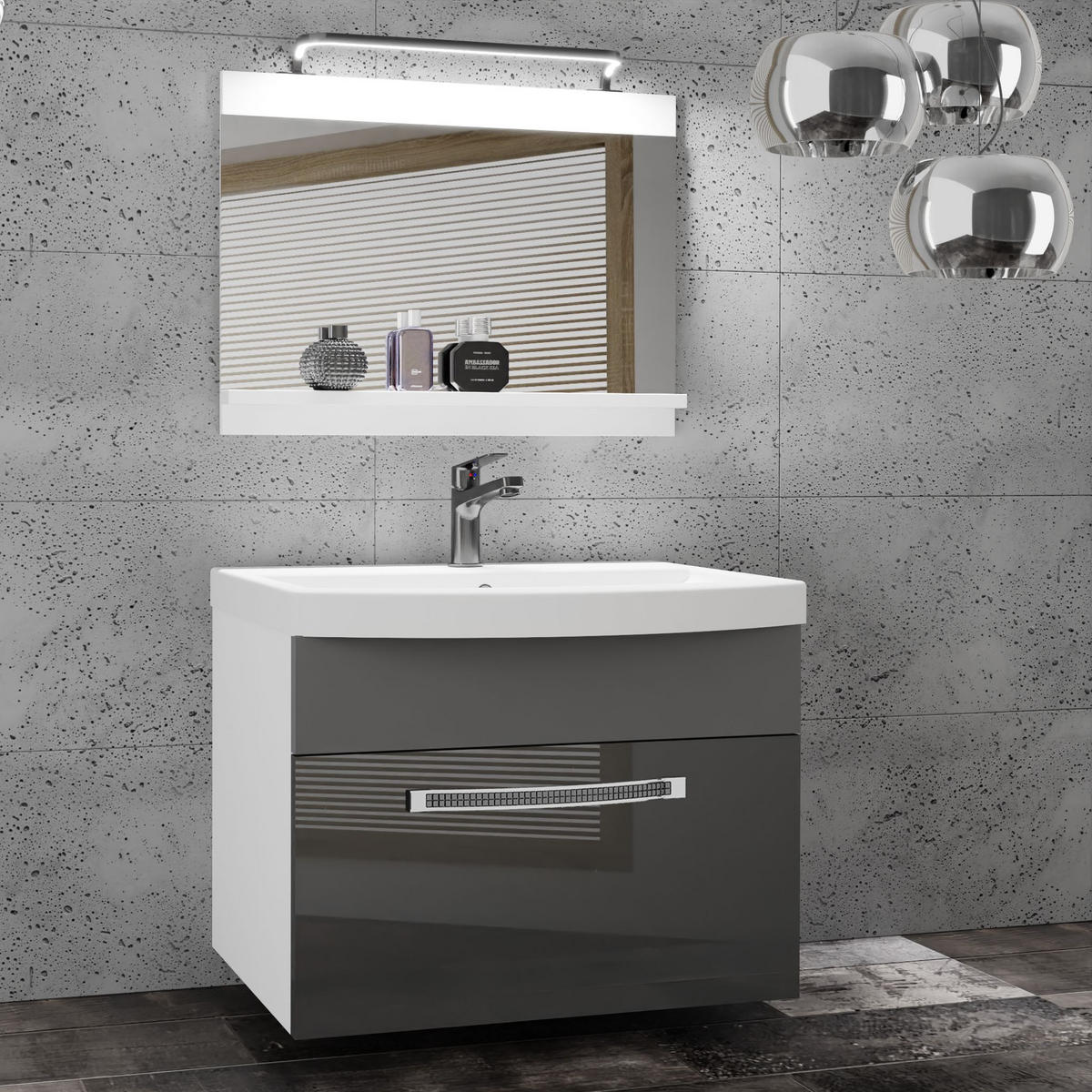 BADMÖBEL Badezimmer Grau / Grau, Glänzend und Matt - Silberfarben/Grau, Holz (60/51/40cm) - B BELINI GROUP