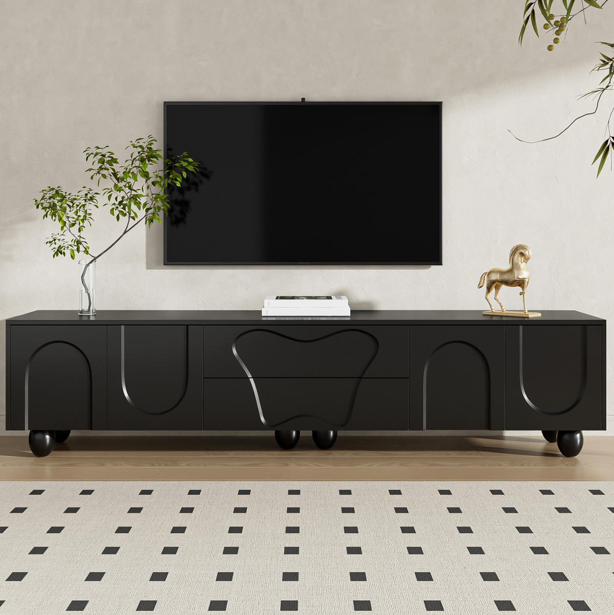LOWBOARD 180/40/42 cm mit Türen und Schubladen in Schwarz - Schwarz, Holzwerkstoff (180/42/40cm) - BEAOK