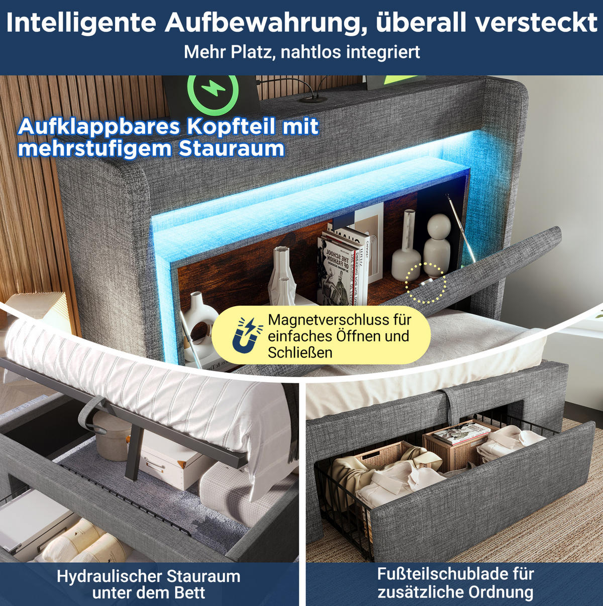 POLSTERBETT 90/200 cm mit LED-Beleuchtung, USB- und USB-C-Anschluss, Stauraum und Schublade und Matratze, Leinen, Grau - Grau, Textil (90/200cm) - Redom