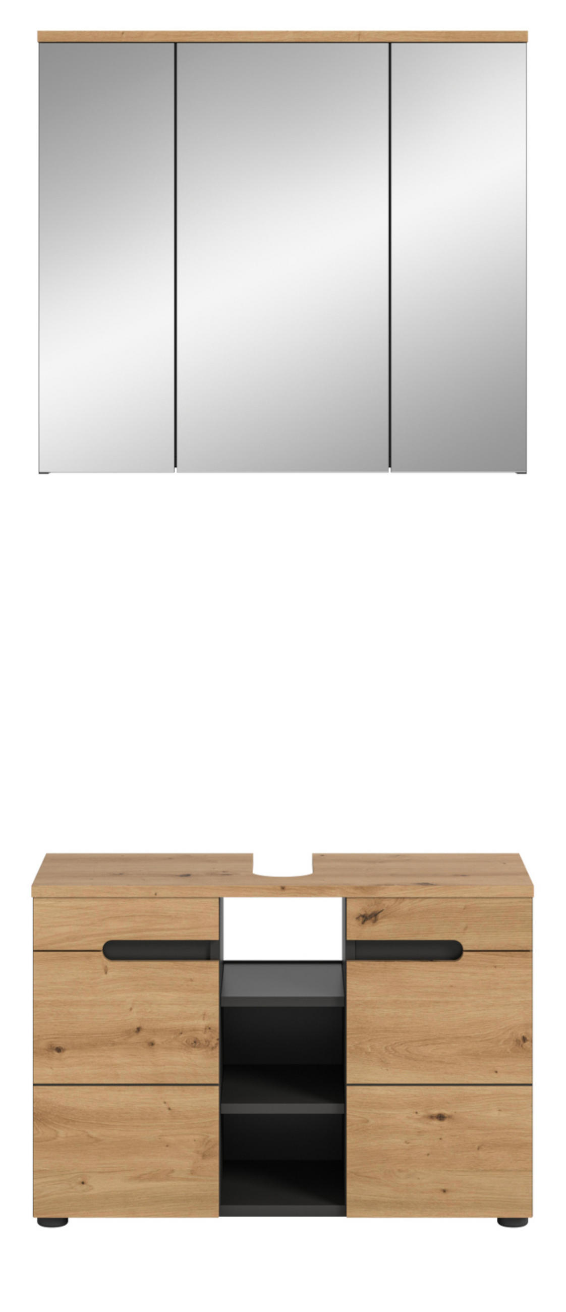 BADMÖBEL-SET Eiche, grau 2-teilig 80 cm, Komplettset mit Soft-Close - Schwarz/Eiche Artisan, Glas/Holzwerkstoff (80/193/34cm) - Inn.Furn
