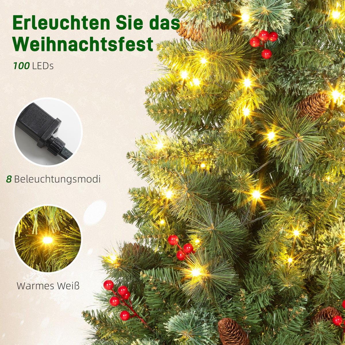 KÜNSTLICHER Weihnachtsbaum 120 cm Tannenbaum künstlich mit 100 LED 8 Modi - Grün, Kunststoff (120cm) - HOMCOM