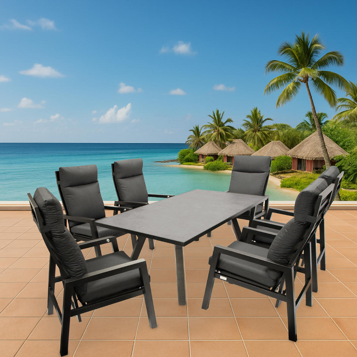 GARTENGARNITUR Luton - 7-teilig (6x Hochlehner Sessel mit Armlehnen, 1x Tisch 180x90cm), Gestell Aluminium dunkelgrau - Grau, Metall - TPFGarden