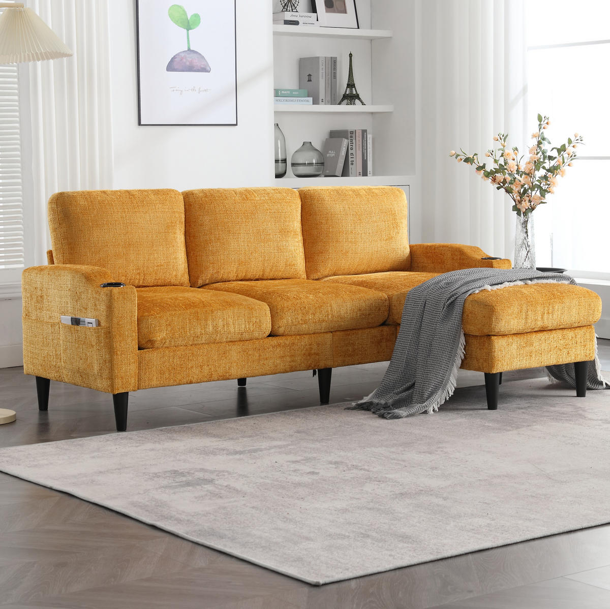 SOFA 4-Sitzer mit Hocker 196,5 x 75 x 77 cm Chenille Gelb - Gelb, Kunststoff (196.5/77/76cm) - Meubliv