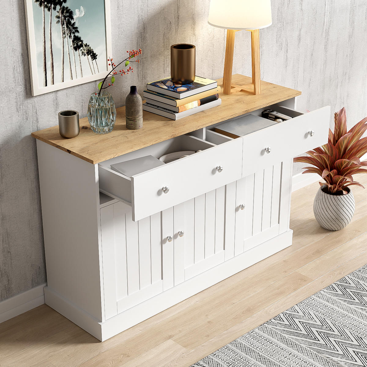 SIDEBOARD mit 3 Türen und 2 Schubladen, geprägte Front, 120/36/80,5 cm, Weiß und Holzoptik - Weiß, Holzwerkstoff (10/80.5/36cm) - Redom