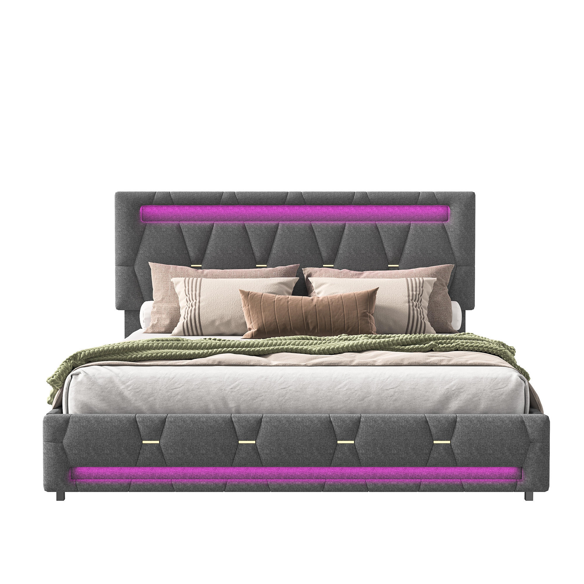 BETT 140 x 200 cm mit 4 Schubladen und LED, mit LED-Kopftei - Grau, Holzwerkstoff/Textil (140/200cm) - WoodenAura