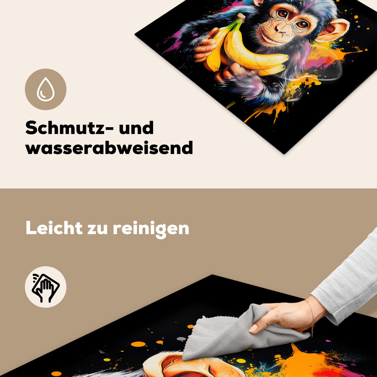 HERDABDECKPLATTE Affe - Graffiti - Farbenfroh - Bananen - Modern 57x51 cm - Gelb, Kunststoff (57.6/0.2/51.6cm) - MuchoWow