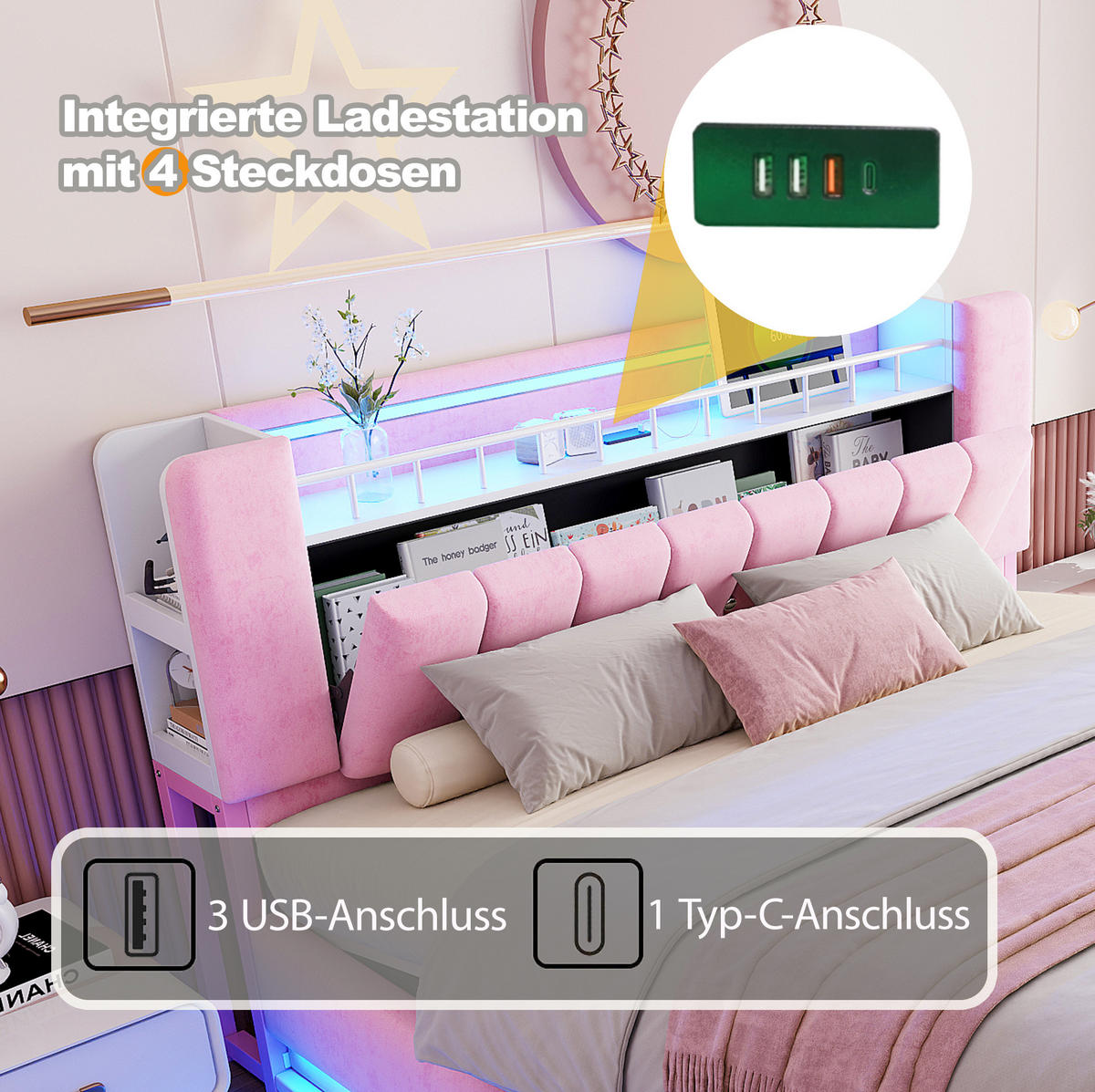 POLSTERBETT mit LED-Beleuchtung 180/200 cm mit Bettkasten und USB in Rosa - Rosa, Textil (180/200cm) - BEAOK