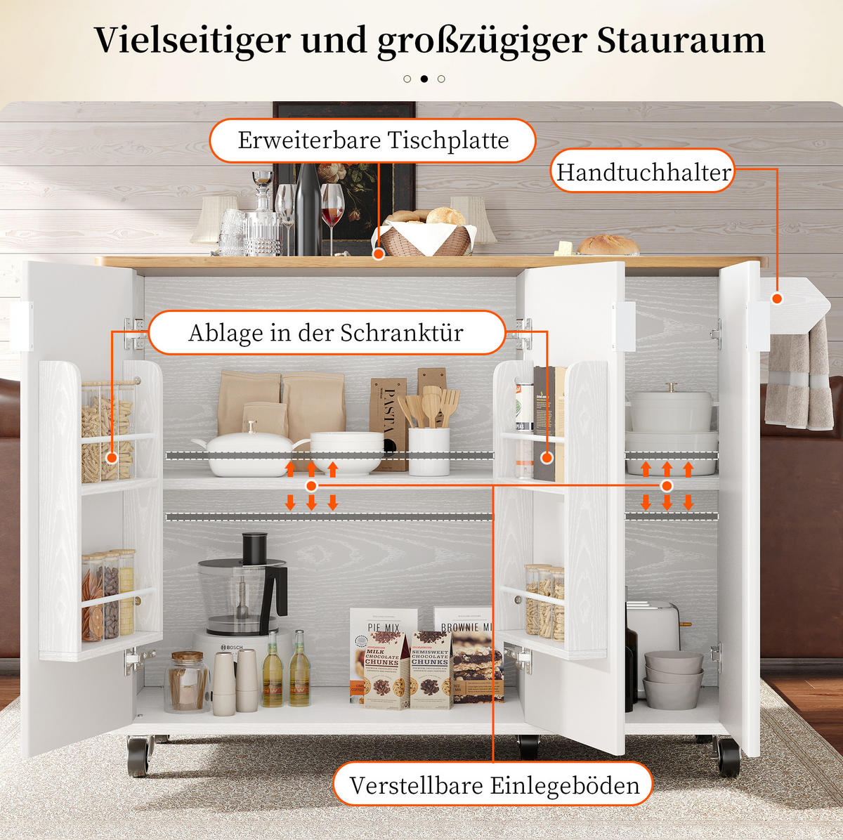 KÜCHENINSEL 130/45(75)/92 cm aus MDF mit klappbarer Arbeitsplatte Weiß - Weiß, Holzwerkstoff (130/92/45cm) - Modenvie