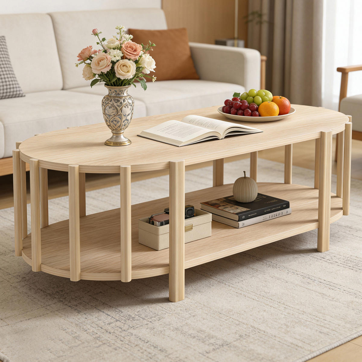COUCHTISCH Ovaler Stauraum-Tisch 119 cm – Moderner Holzoptik-Couchtisch, Minimalistisches Design, MDF, Holzfarbe - Naturfarben, Holzwerkstoff (119/60/40cm) - Ej. Life
