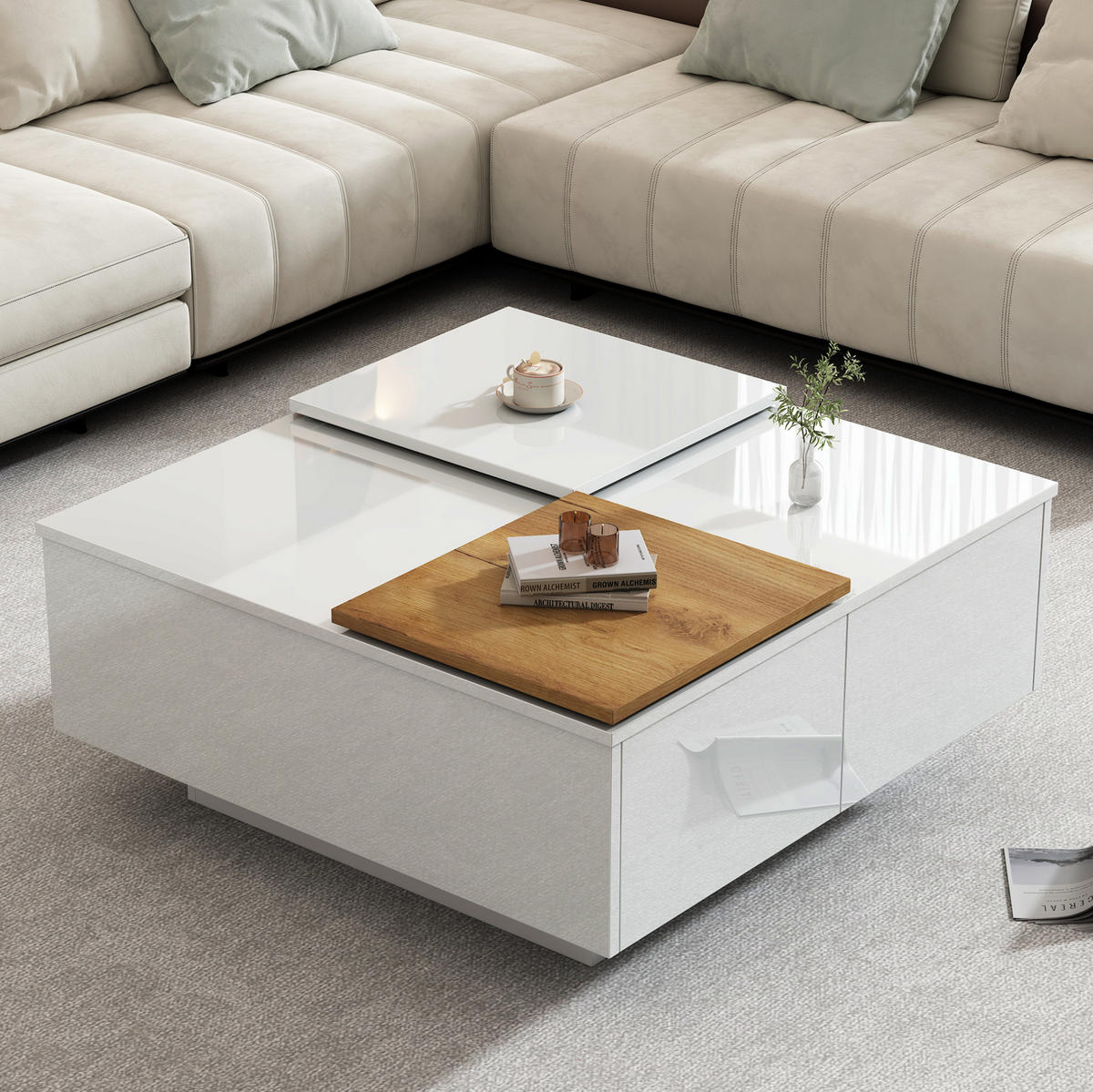 COUCHTISCH aus Spanplatte 75x75x33,5 cm Weiß Hochglanz mit 4 Schubladen und verschiebbaren Tischplatten - Weiß, Holzwerkstoff (75/75/33cm) - IVMEU