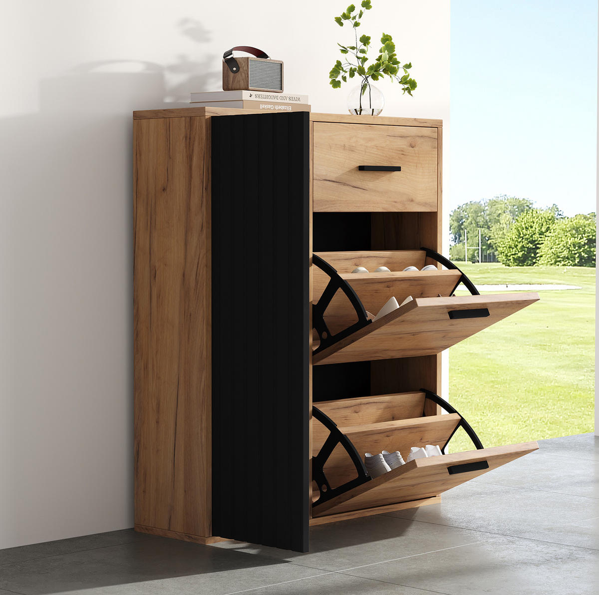 SCHUHSCHRANK 80/24/95,5 cm mit 2 Klappen, 1 Tür und Schublade in Natur/Schwarz - Naturfarben, Holzwerkstoff (80/95.5/24cm) - BEAOK