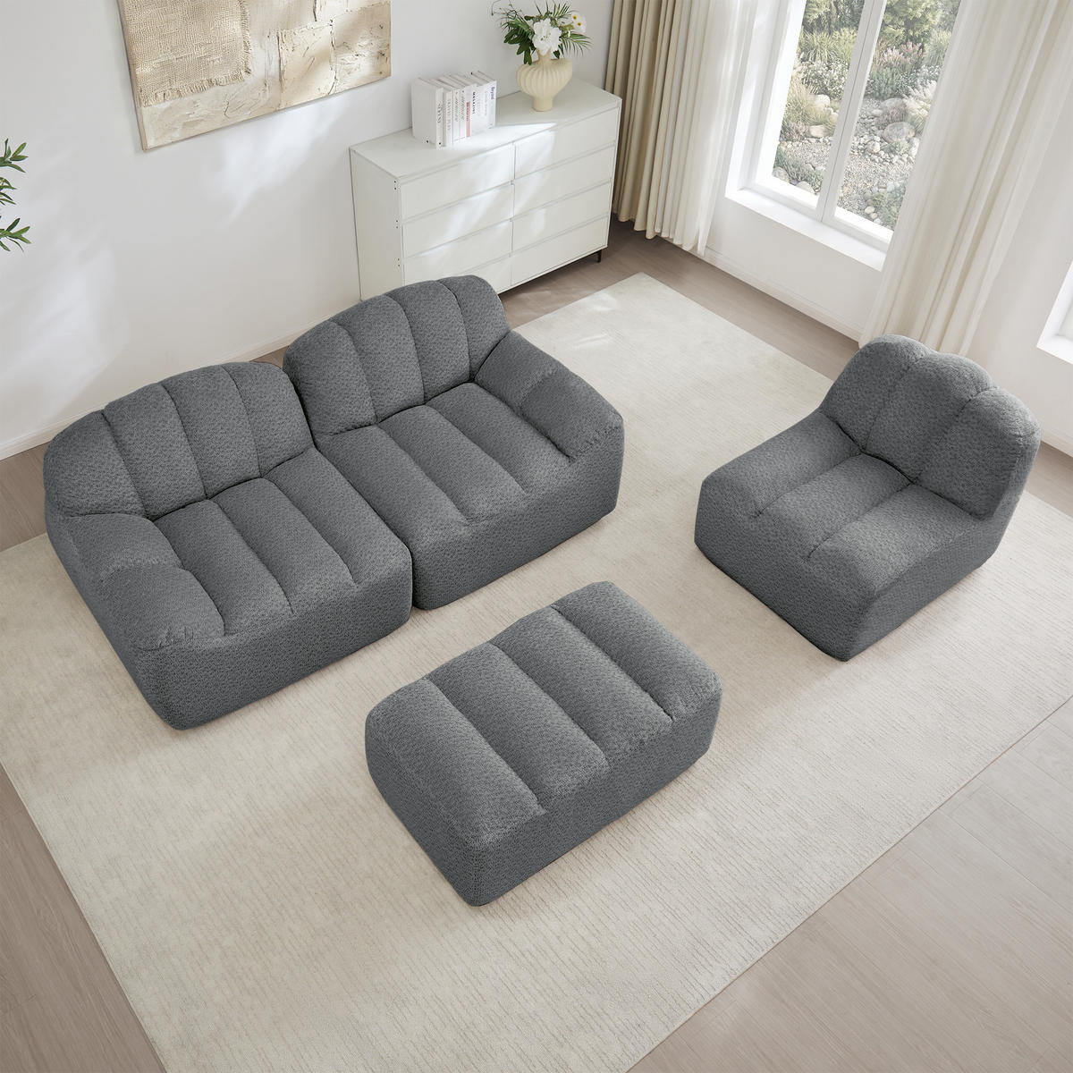 ECKSOFA 288/165/79 cm Grau Granulatvlies mit 1 Fußhocker - Grau, Textil (288/165cm) - Oxeza