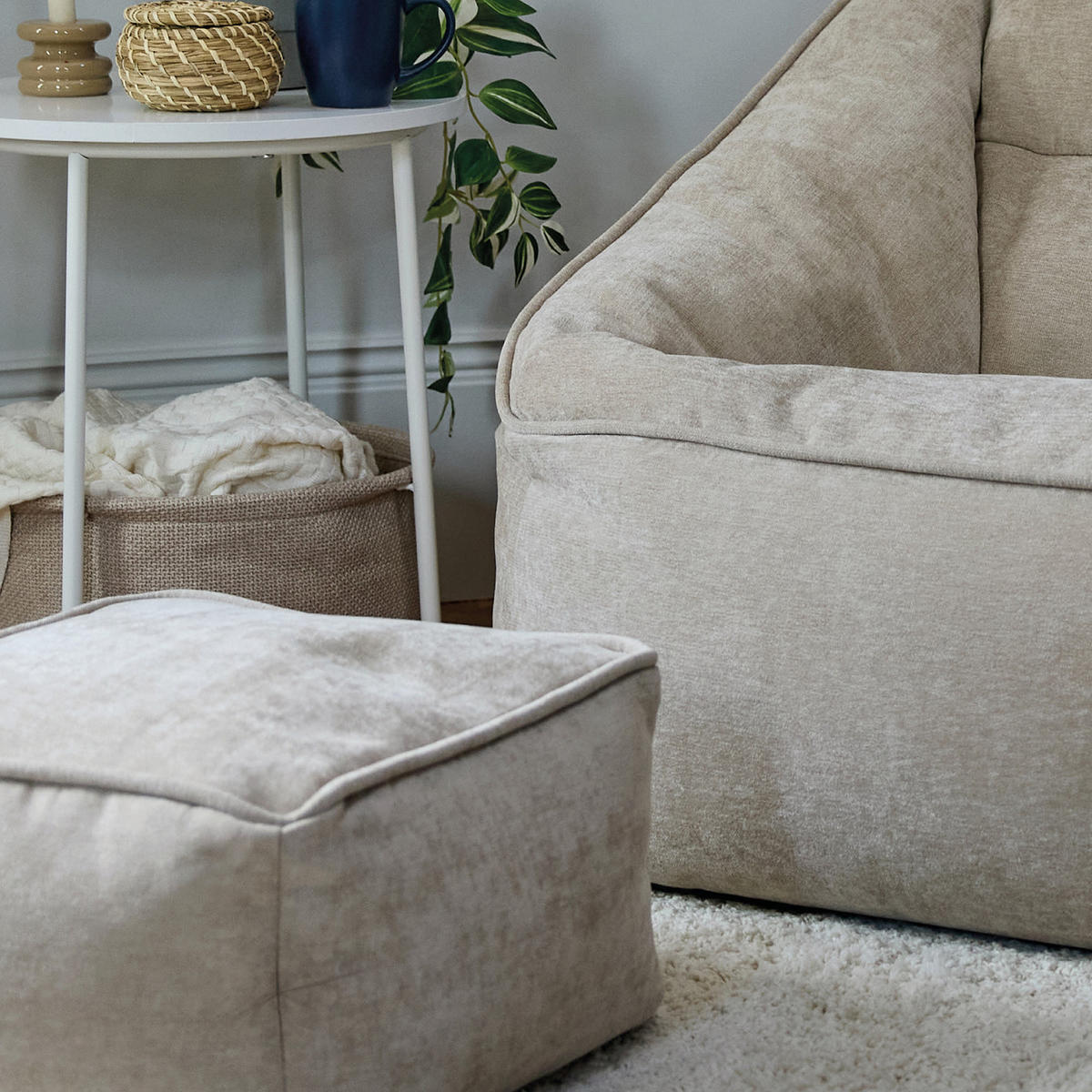SITZSACK Sessel Chenille Natalia mit Hocker - Beige, Kunststoff/Textil (100/80/88cm) - icon