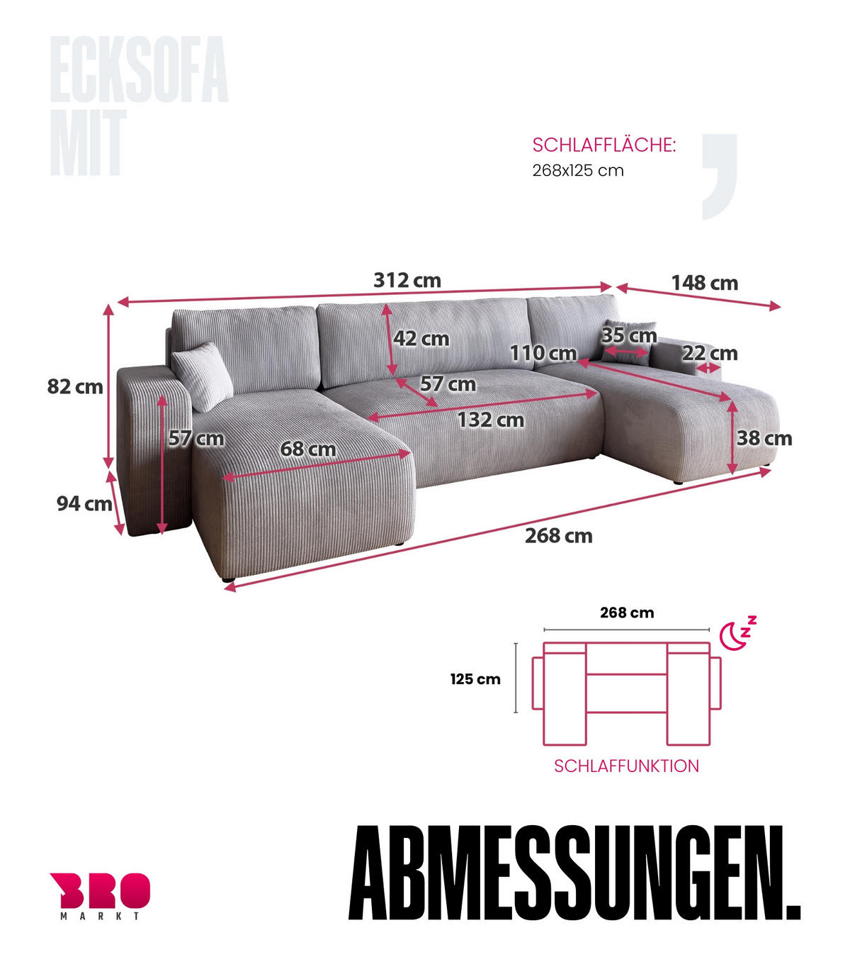 WOHNLANDSCHAFT PUMI mit Schlaffunktion Hellgrau Cord - Hellgrau, Textil (312/82/148cm) - Bromarkt