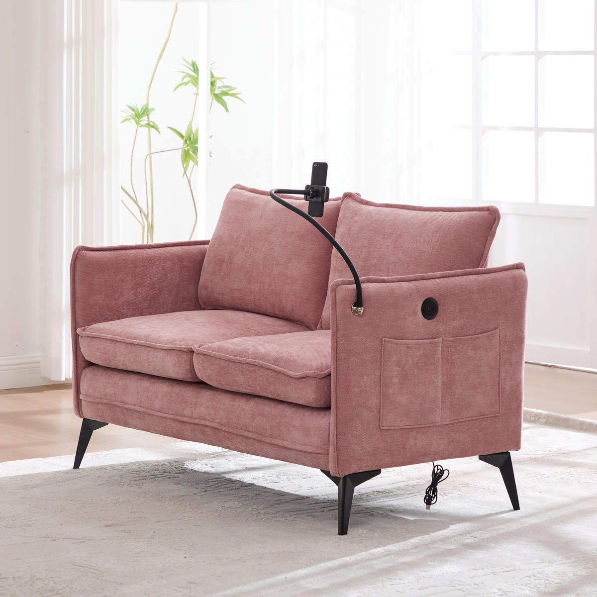 SOFA 2-Sitzer mit Handyhalterung und Ablagefächern Chenille Pink 127/69/66 cm - Rosa, Textil (127/66/69cm) - OKWISH