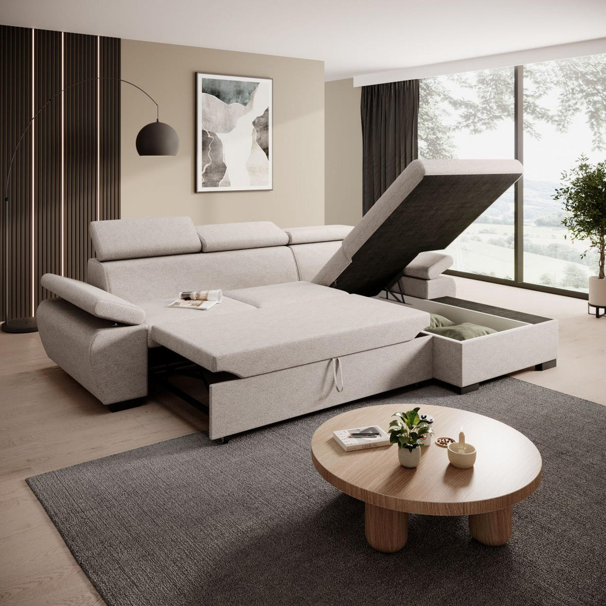 ECKSCHLAFSOFA Coco mit verstellbare Kopfstützen, beige, rechts - Beige, Textil (273/191cm) - Beautysofa