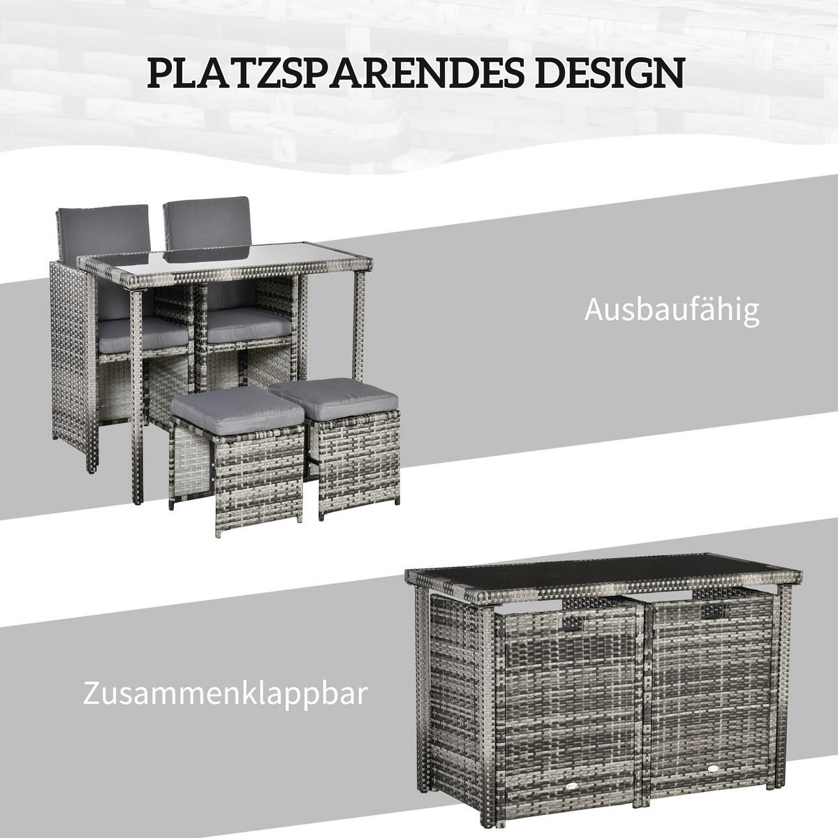 GARTENSET Garnitur 5 tlg. mit Kissen, Grau - Grau, Kunststoff - Outsunny
