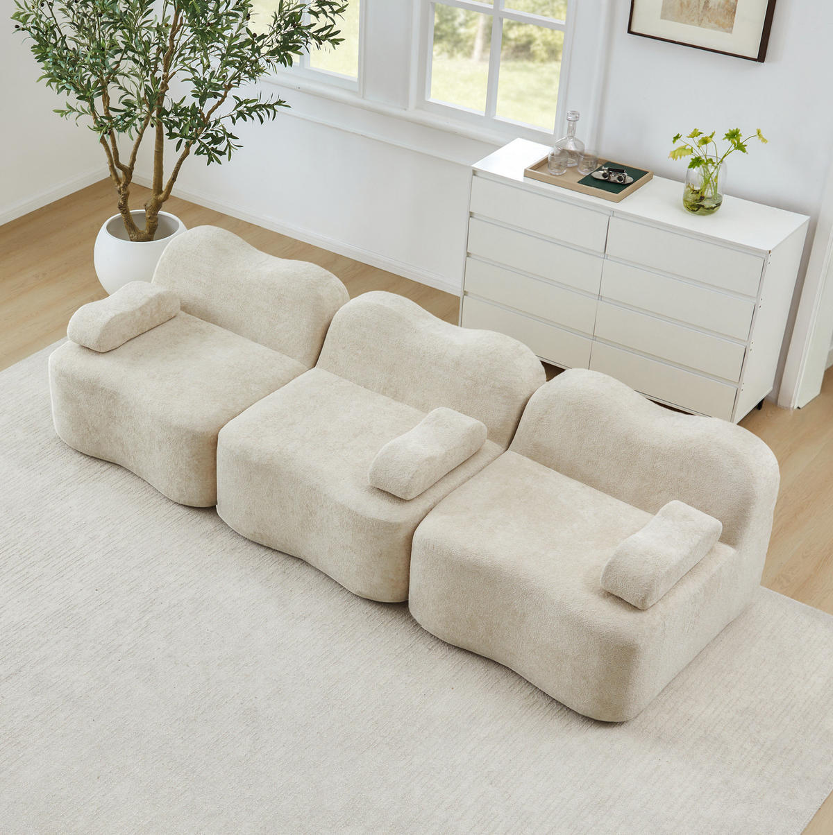 3-SITZER Modulares Sofa beige aus Samt mit tiefer Sitzfläche - Beige, Textil (98/70/288cm) - Modenvie