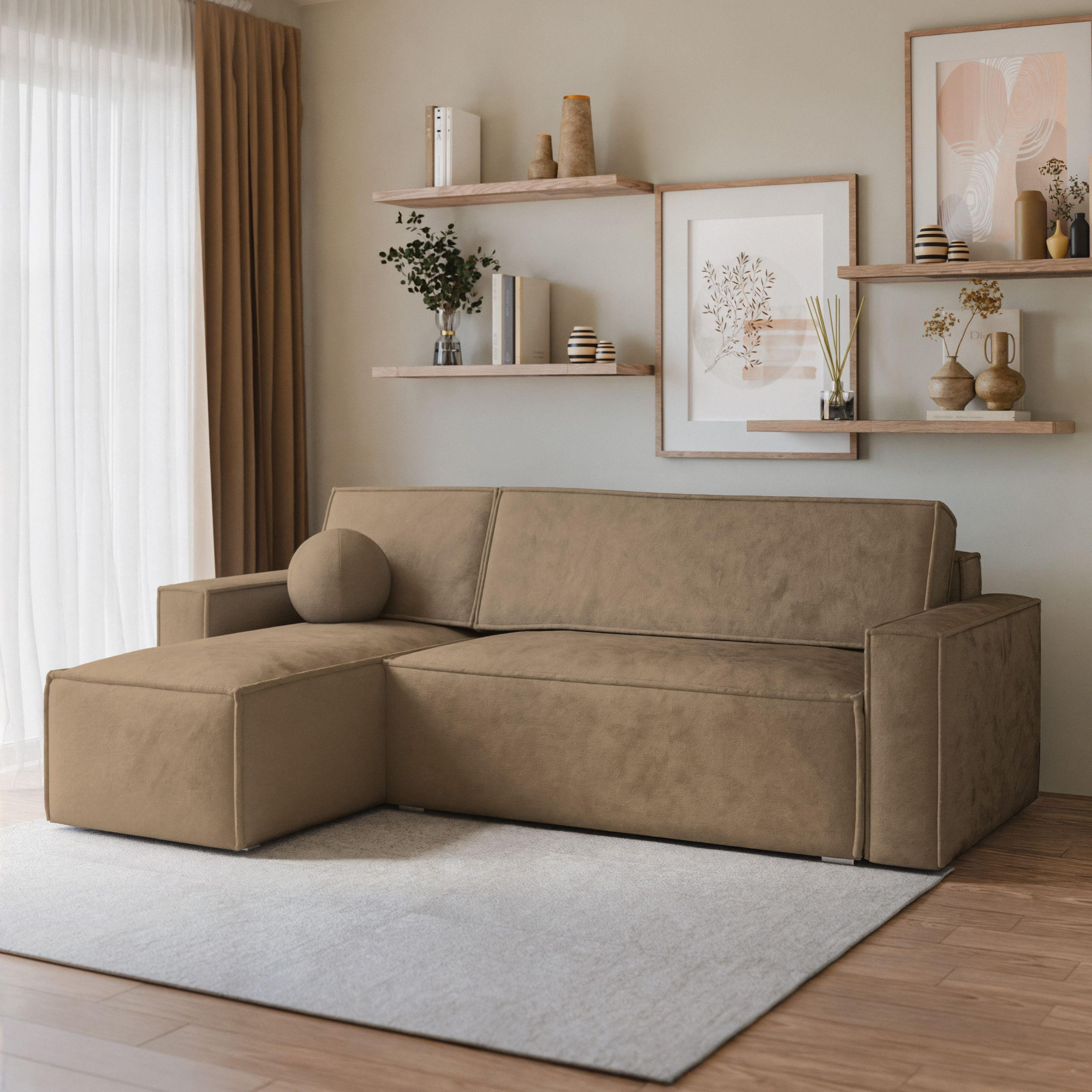 ECKSOFA RAVELO M Beige Velours-Stoff mit Schlaffunktion - Beige, Holz (240/140cm) - MASSENO