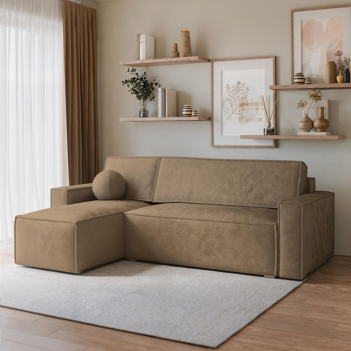 ECKSOFA RAVELO M Beige Velours-Stoff mit Schlaffunktion - Beige, Holz (240/140cm) - MASSENO