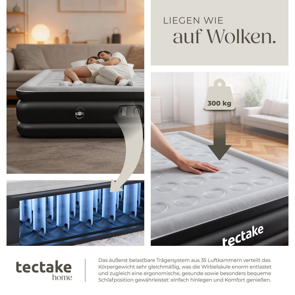LUFTBETT aufblasbar Airdreams, inkl. manuellem Ventil und Tragebeutel, schwarz/weiß - Schwarz/Weiß, Kunststoff - tectake