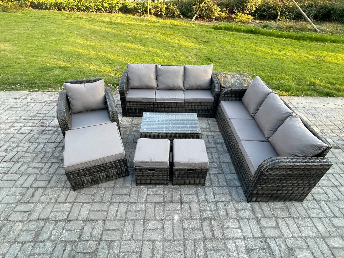 GARTENMÖBEL-SET mit Kissen Polyrattan Dunkelgrau 10-Sitzer - Dunkelgrau/Grau, Glas/Kunststoff - Fimous